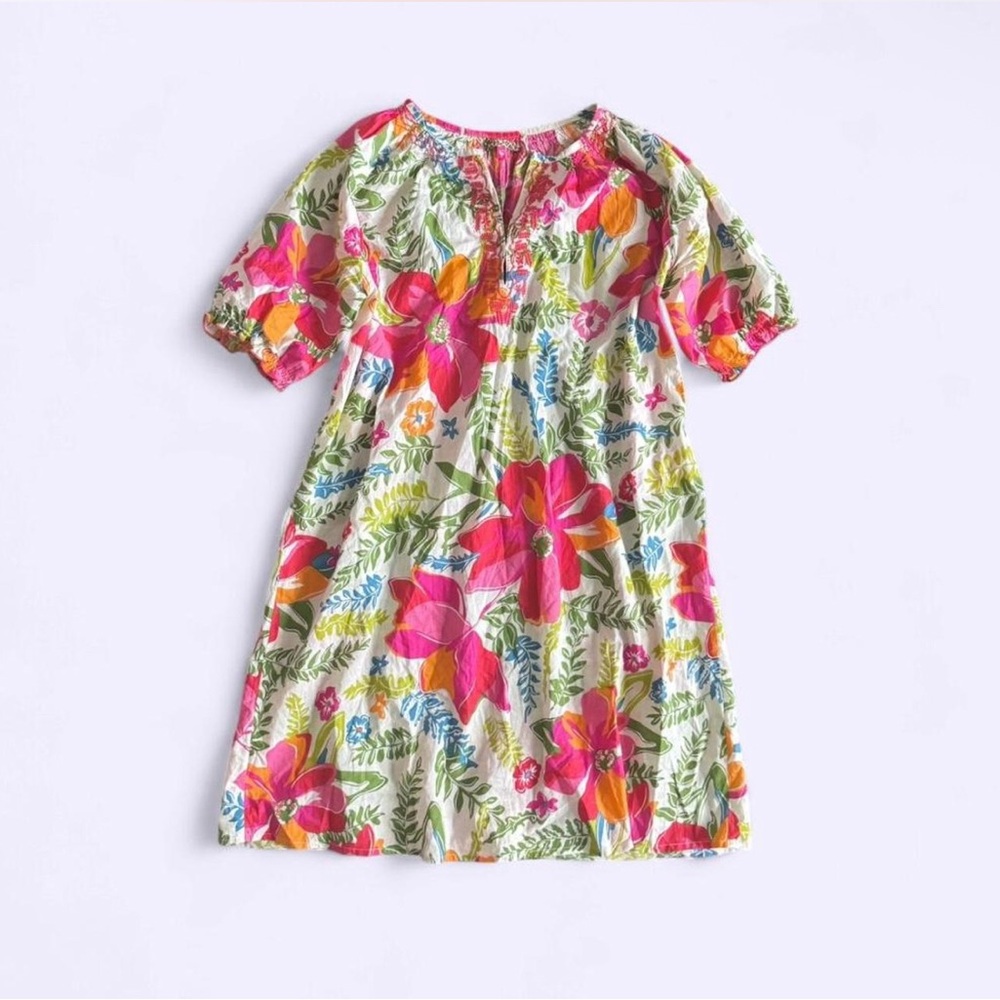 Bright Multicolor Floral Cotton Dress Pink Chicken Embroidered Farm Rio Vibes